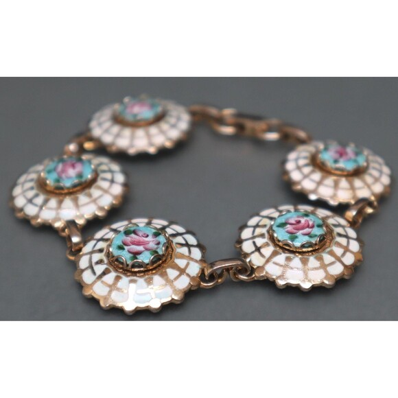 Vintage Guilloche Enamel Rose Bracelet Sunburst - Picture 3 of 5